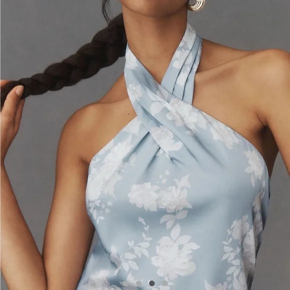 Anthropologie Sky Blue Floral Halter Maxi Dress - Picture 3 of 7